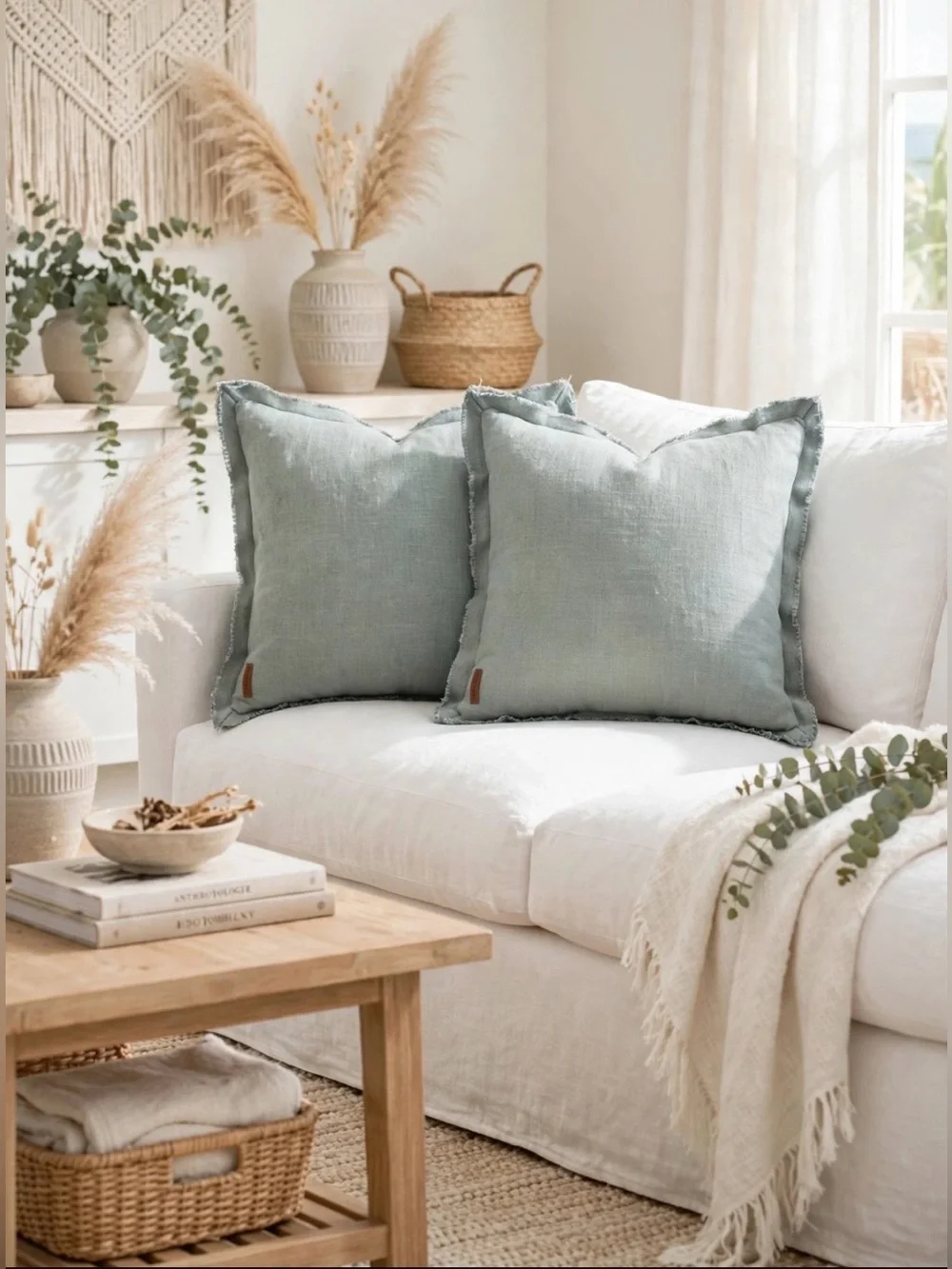 Set of 2 By Anthropologie 20x20 Washed Linen Throw Pillows Fringe Edge Sage Blue